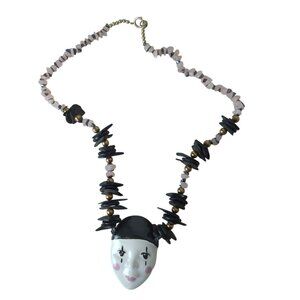 Vintage Harlequin Face Ceramic‎ Pendant Necklace Pink and black stone & wood 25"